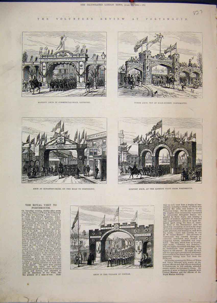 Original Old Antique Print 1882 Volunteer Review Portsmouth Tudor Arch Gosport