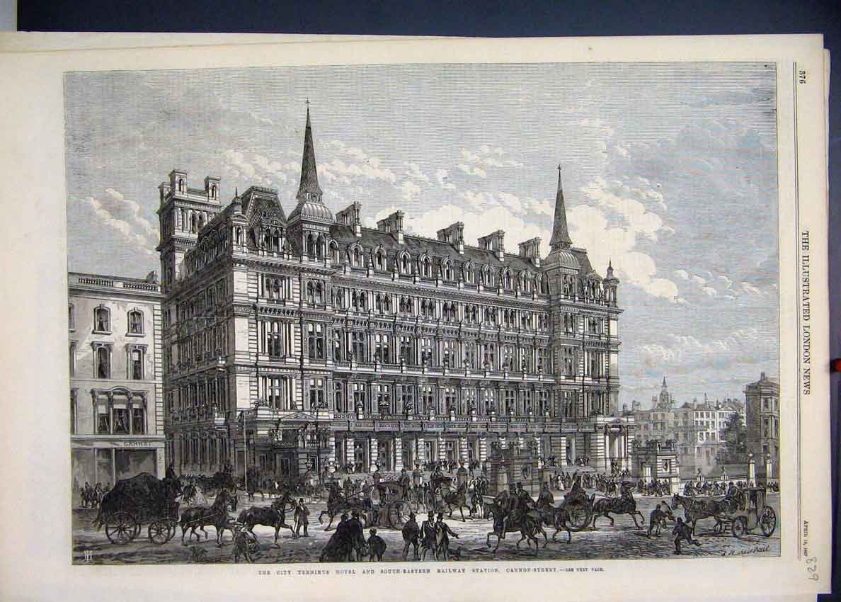 Original Old Antique Print 1867 Terminus Hotel South Eastern Railway Station