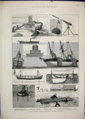 Original Old Antique Print 1882 Naval Submarine Engineering Exhibition Islington
