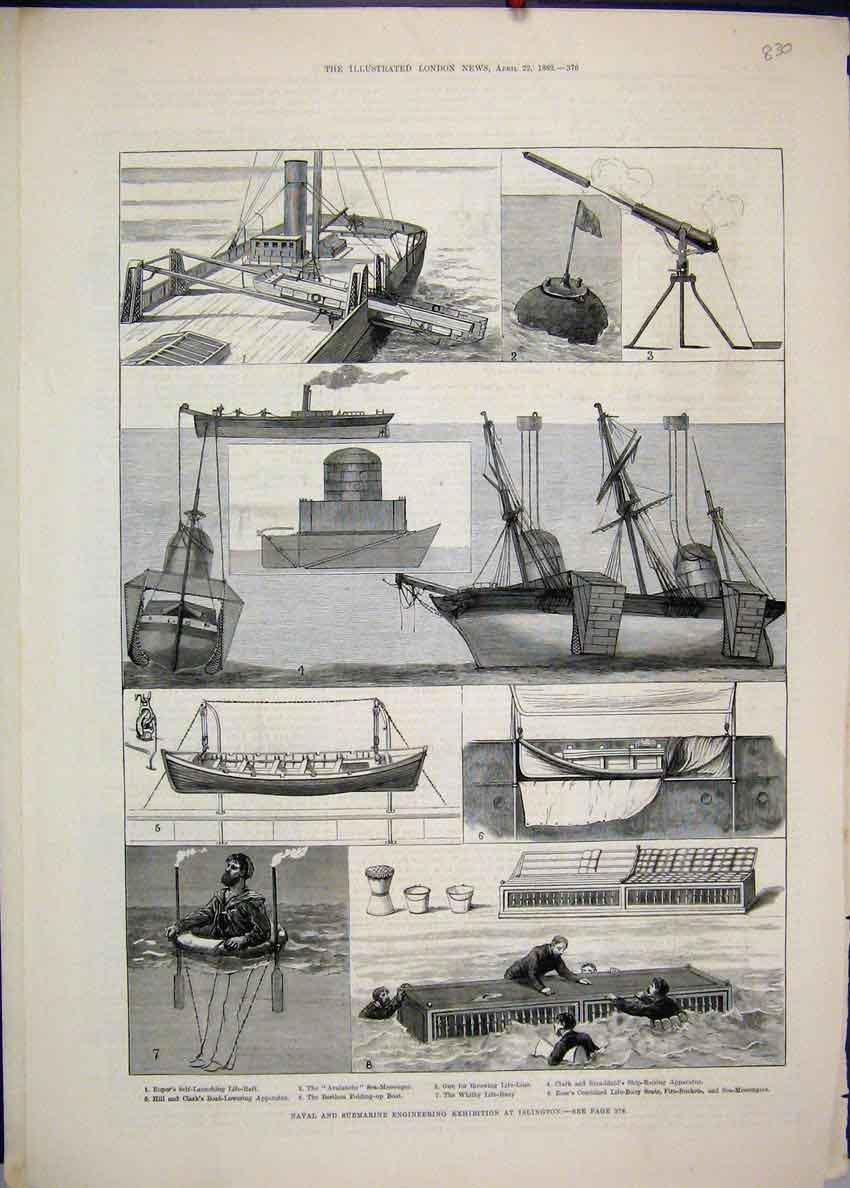 Original Old Antique Print 1882 Naval Submarine Engineering Exhibition Islington