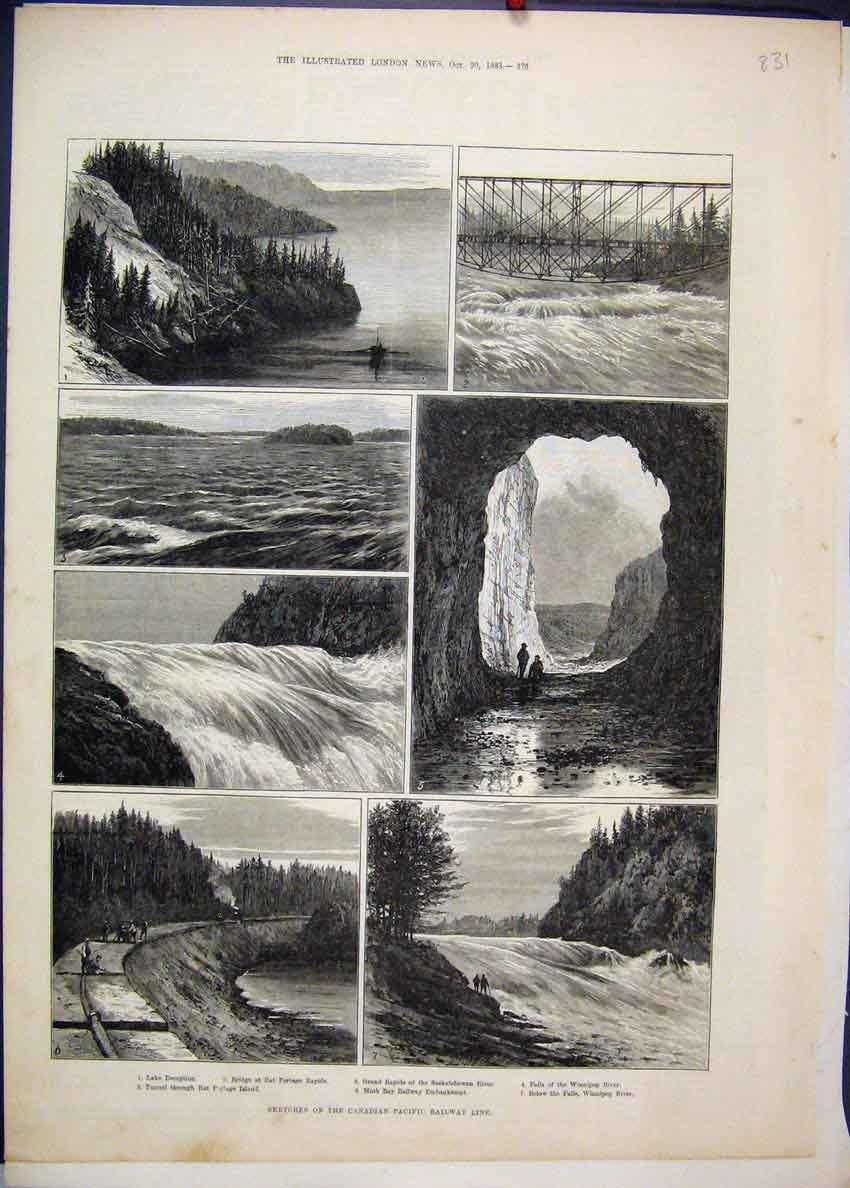 Original Old Antique Print 1883 Canadian Pacific Railway Winnipeg River Portage