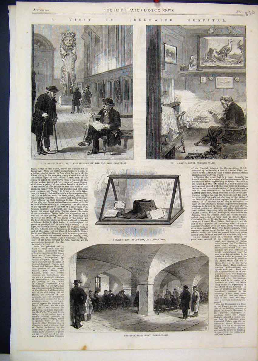 Original Old Antique Print 1865 Greenwich Hospital Anson Ward Nelson Hat Snuff