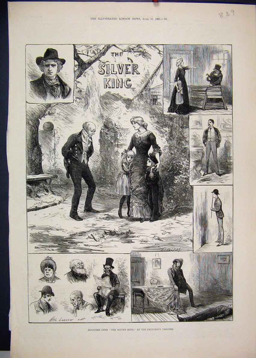 Original Old Antique Print 1883 Silver King Scenes Princess Theatre Sketches