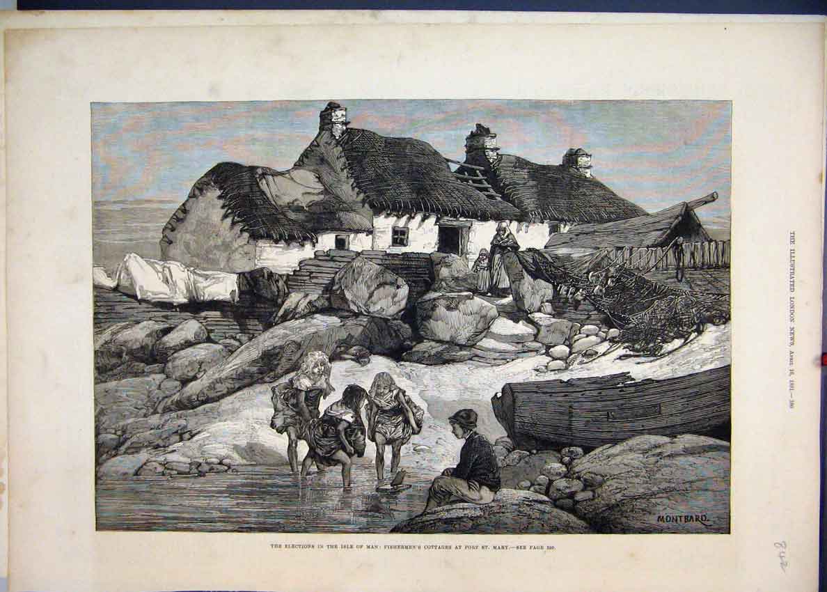 Original Old Antique Print 1881 Elections Isle Man Fishermans Cottage Port Mary