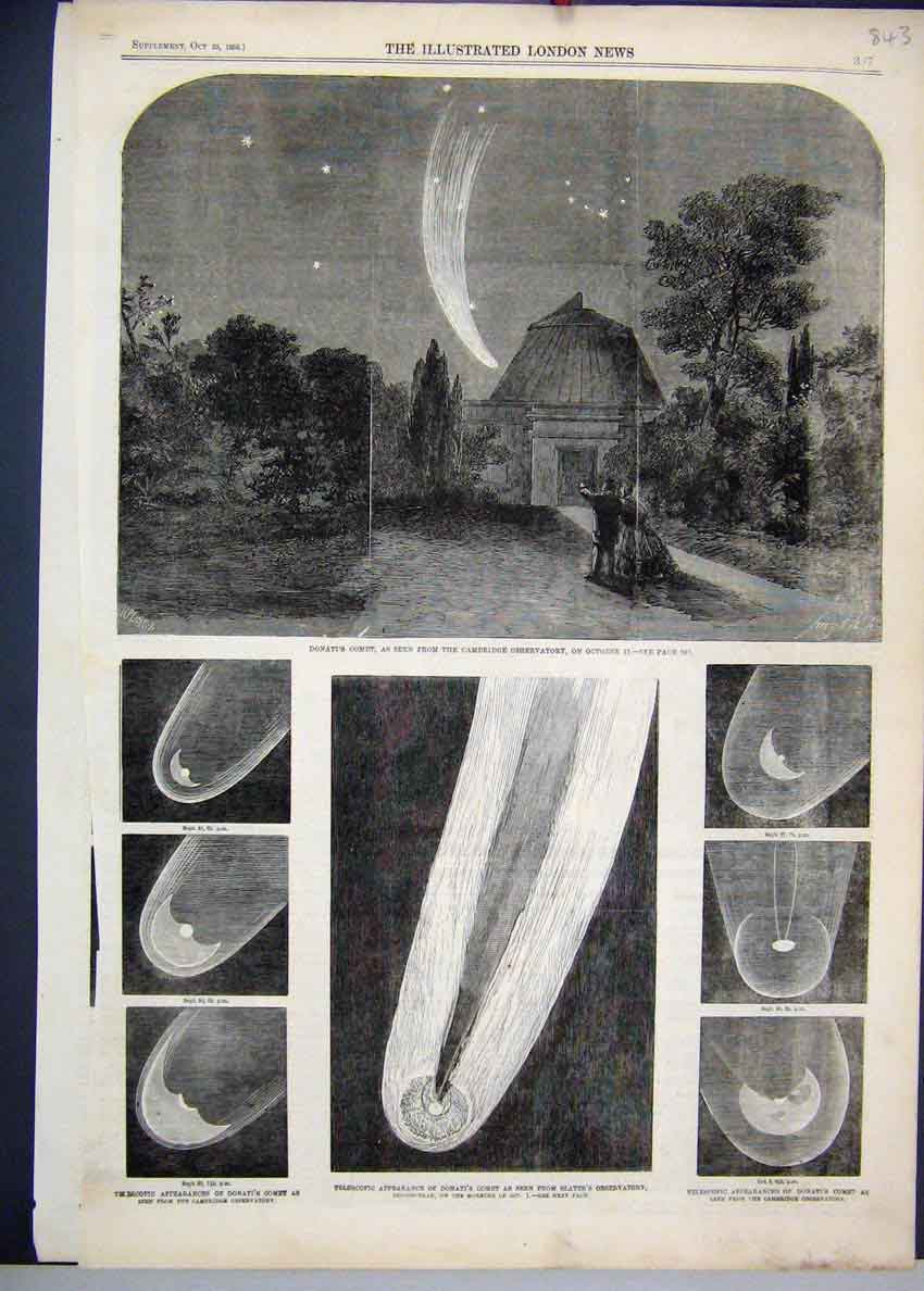 Original Old Antique Print 1858 Danati Comet Cambridge Observatory Victorian