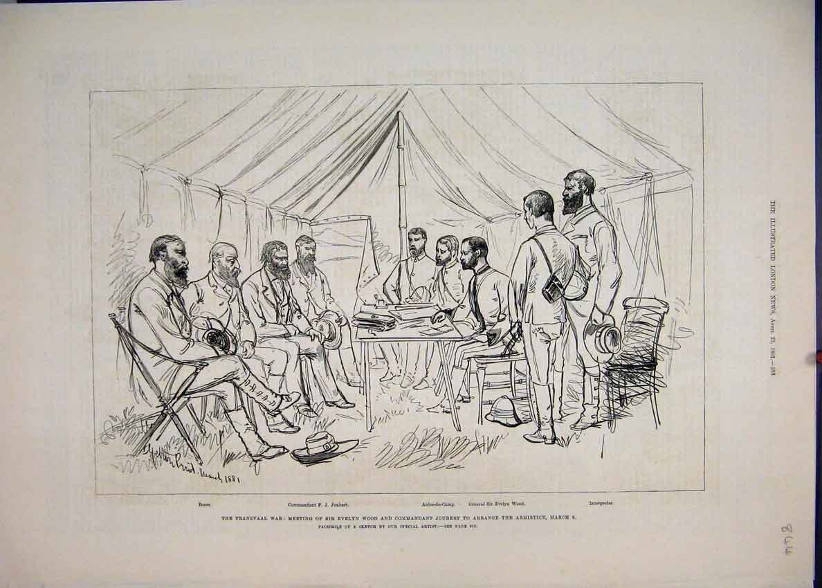 Original Old Antique Print 1881 Transvaal War Evelyn Wood Commandant Joubert