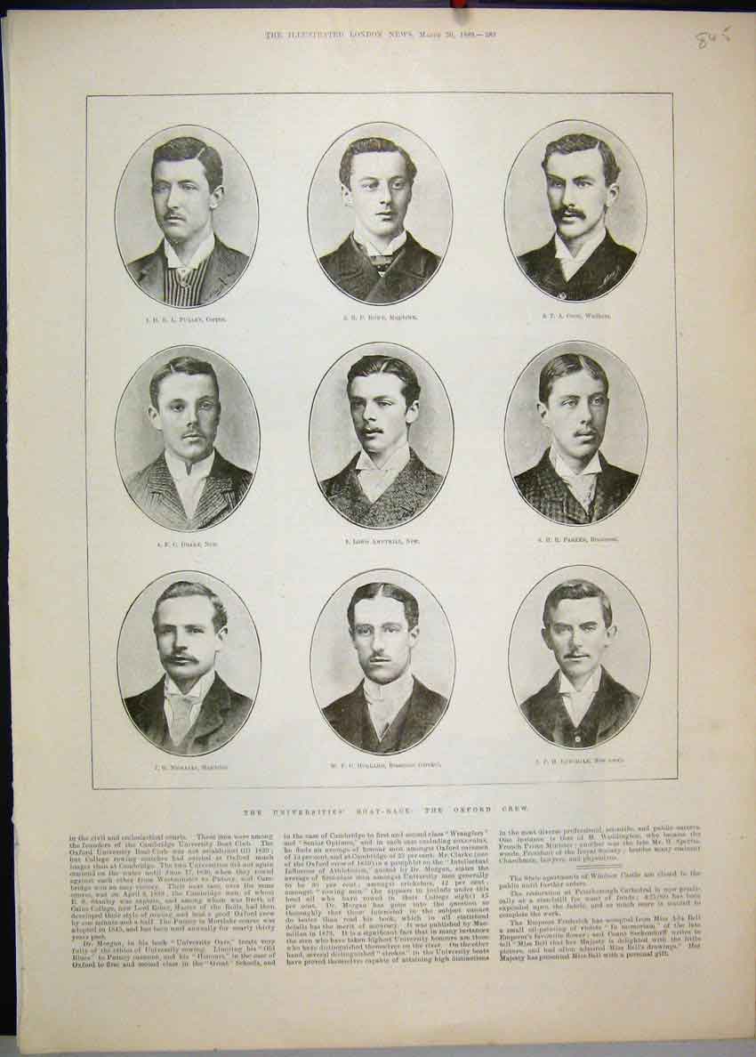 Original Old Antique Print 1889 Universities Boat Race Oxford Crew Portrait 19th