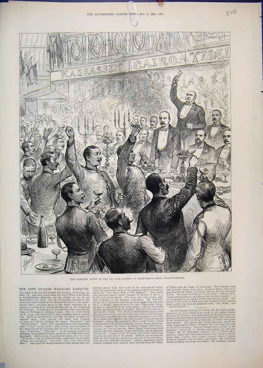 Original Old Antique Print 1882 Banquet Life Guards Humphrey Hall Knightsbridge