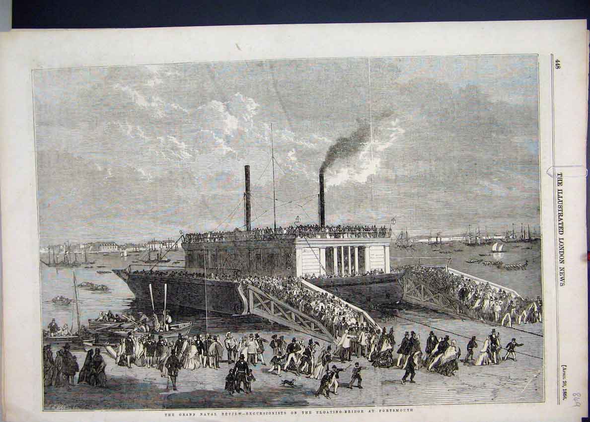 Original Old Antique Print 1856 Grand Naval Review Floating Bridge Portsmouth