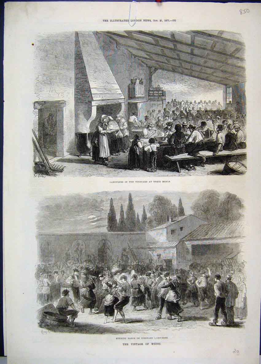 Original Old Antique Print 1871 Medoc Labourers Vineyard Meals Dance Victorian
