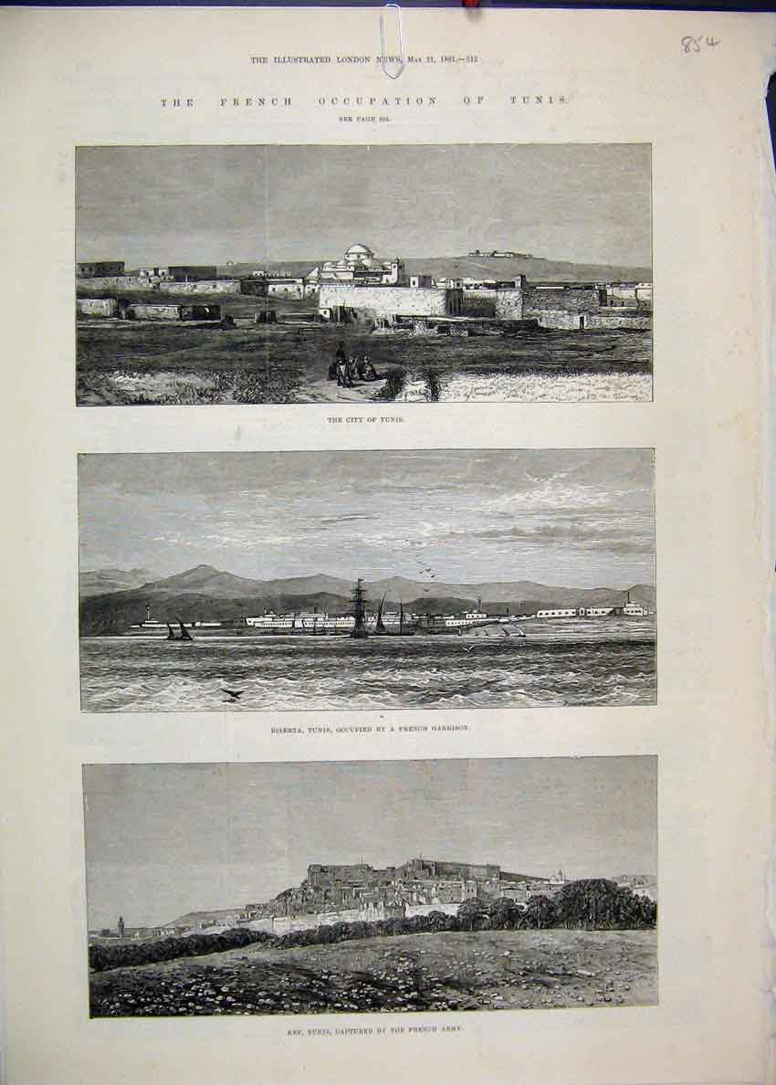 Original Old Antique Print 1881 French Occupation Tunis Biserta Garrison Kef