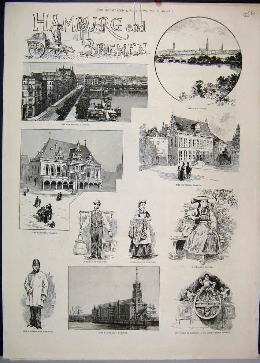 Original Old Antique Print 1888 Hamburg Bremen Alster Kaiser Quay Schutting 19th