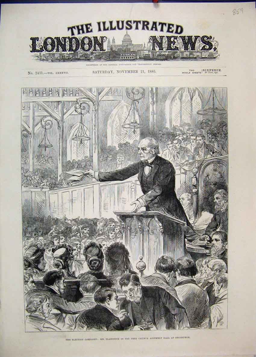 Old Antique Print 1885 Election Campaign Gladstone Church Hall Edinburgh 19th