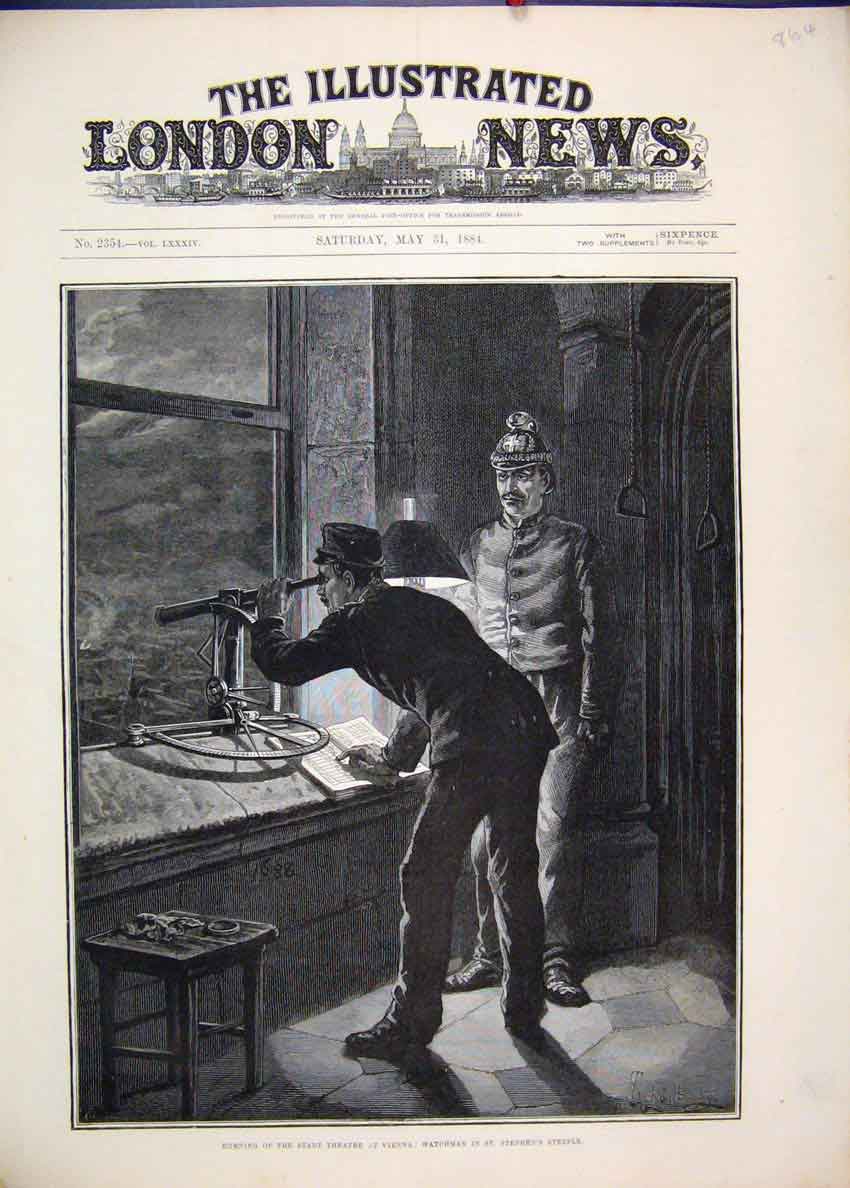 Original Old Antique Print 1884 Burning Stadt Theatre Vienna Watchman Steeple