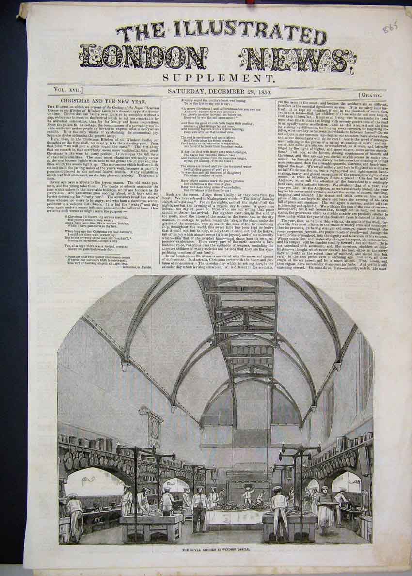 Original Old Antique Print 1850 Royal Kitchen Windsor Castle Men Working 19th