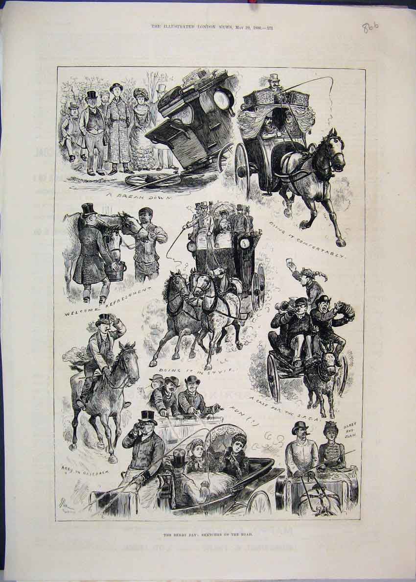 Original Old Antique Print 1886 Derby Day Horses Carriage Darby Joan Sketches