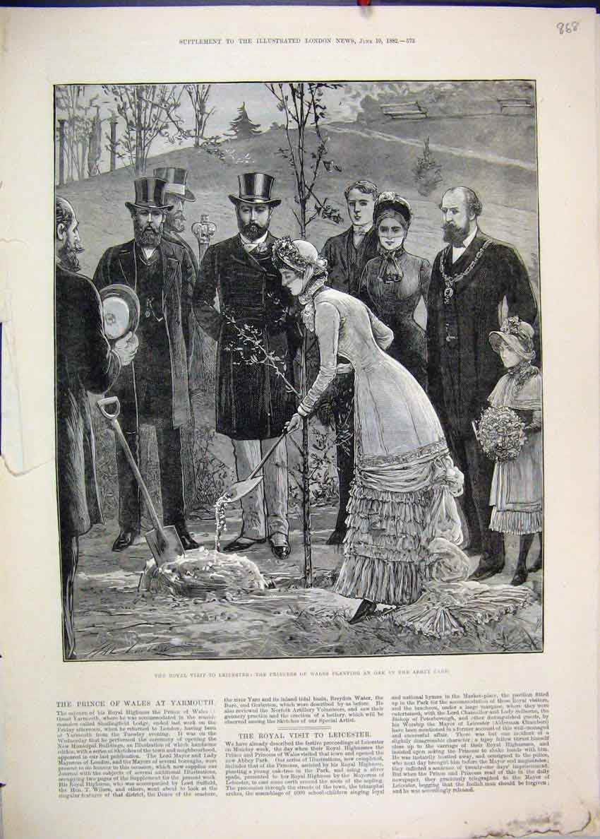 Original Old Antique Print 1882 Royal Visit Leicester Princess Wales Oak Tree