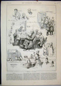 Old Antique Print 1888 Free Library Books Reading Dogs Children Sketches 19th