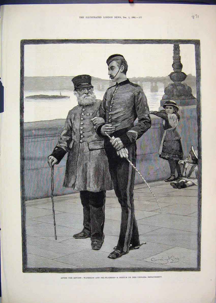 Original Old Antique Print 1882 Waterloo Tel-El-Kebir Review Chelsea Embankment