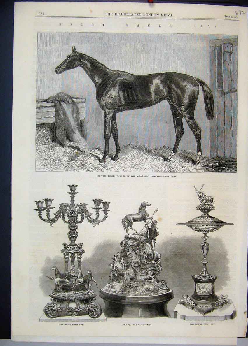 Original Old Antique Print 1864 Ascot Races Scottish Chief GCup Royal Hunt 19th