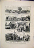 Original Old Antique Print 1881 Bath Tunbridge Wells Church Bayham Castle 19th