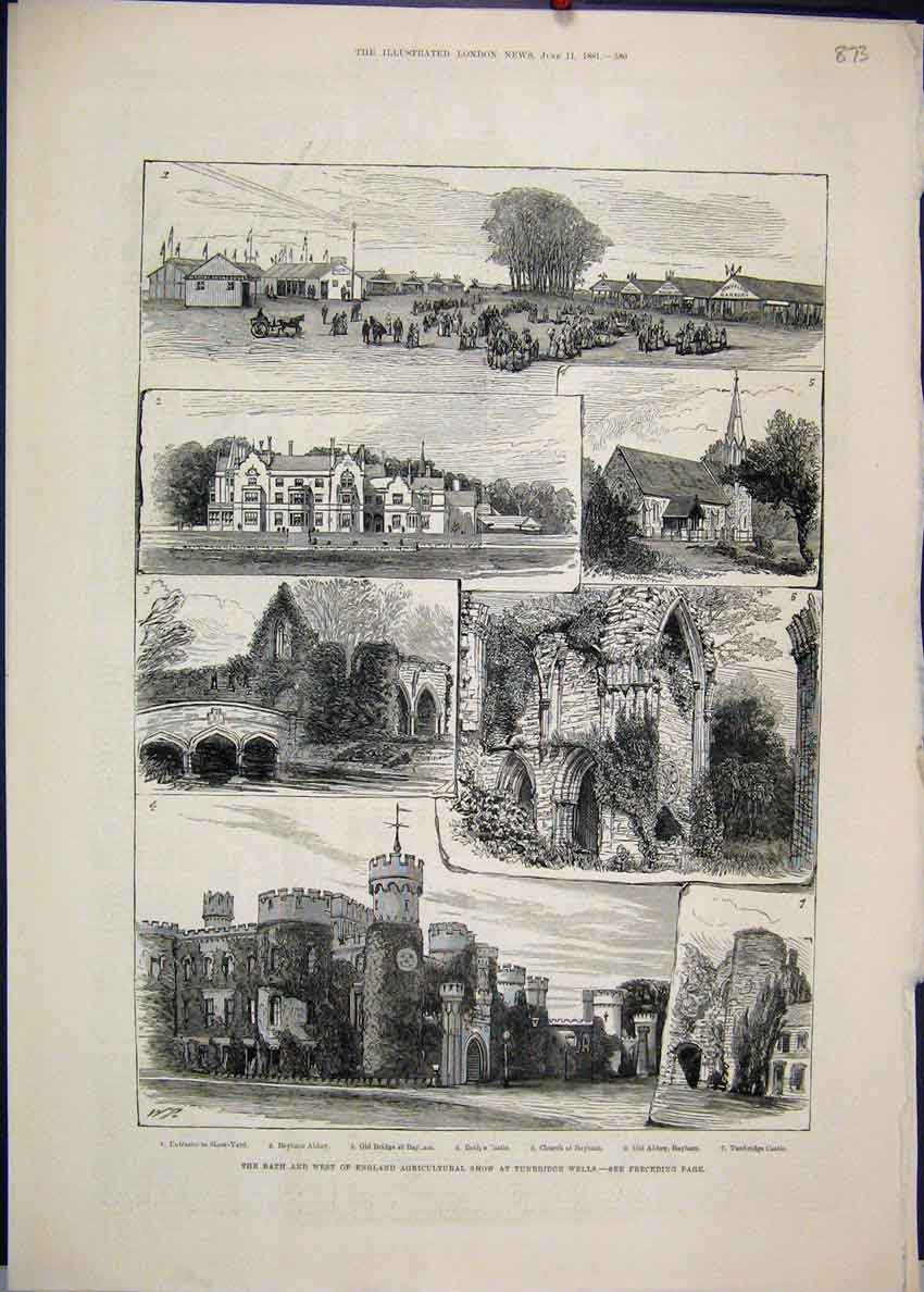 Original Old Antique Print 1881 Bath Tunbridge Wells Church Bayham Castle 19th