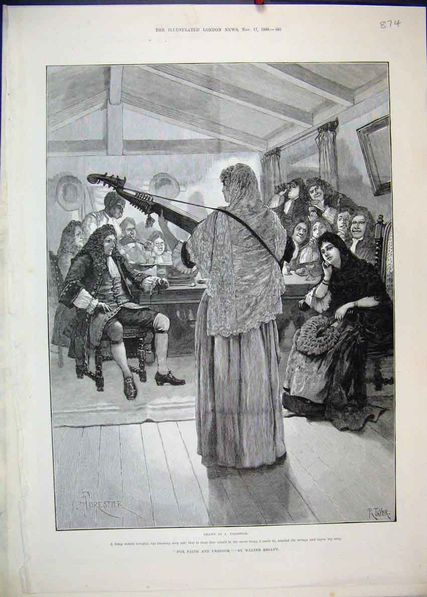 Original Old Antique Print 1888 Woman Music Forestier People Watching Victorian