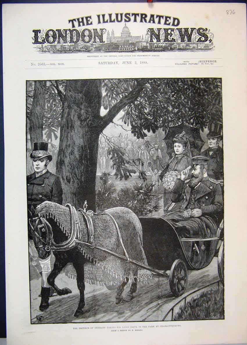 Original Old Antique Print 1888 Emperor Germany Drive Park Charlottenburg Sketch