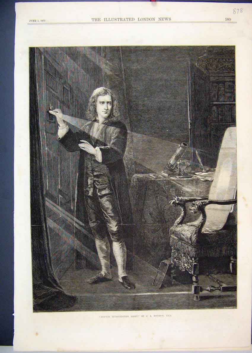 Original Old Antique Print 1870 Newton Investigating Light Beautiful Victorian