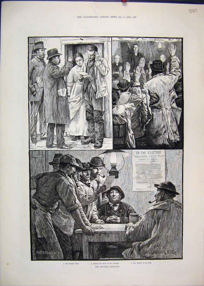 Original Old Antique Print 1885 General Election Rural Voter Meeting Result 19th