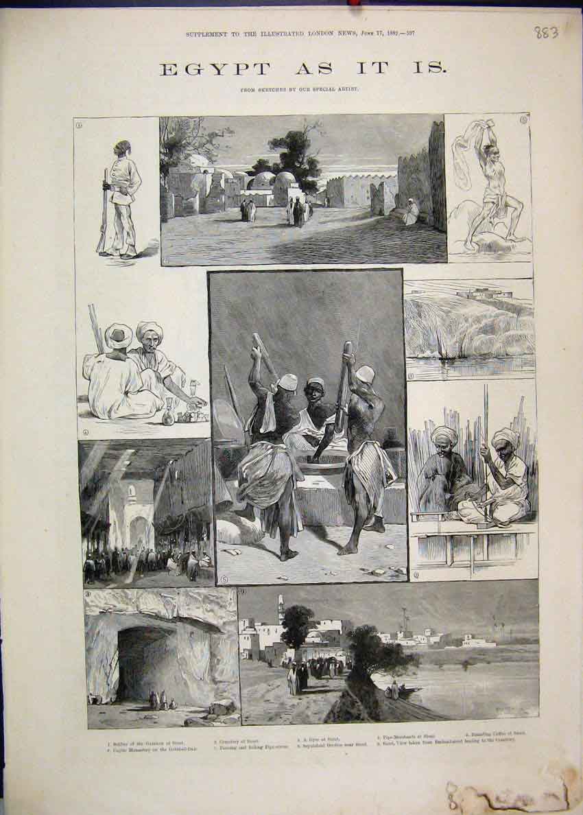 Original Old Antique Print 1882 Egypt Siout Cemetery Monestery Sier Sketch 19th