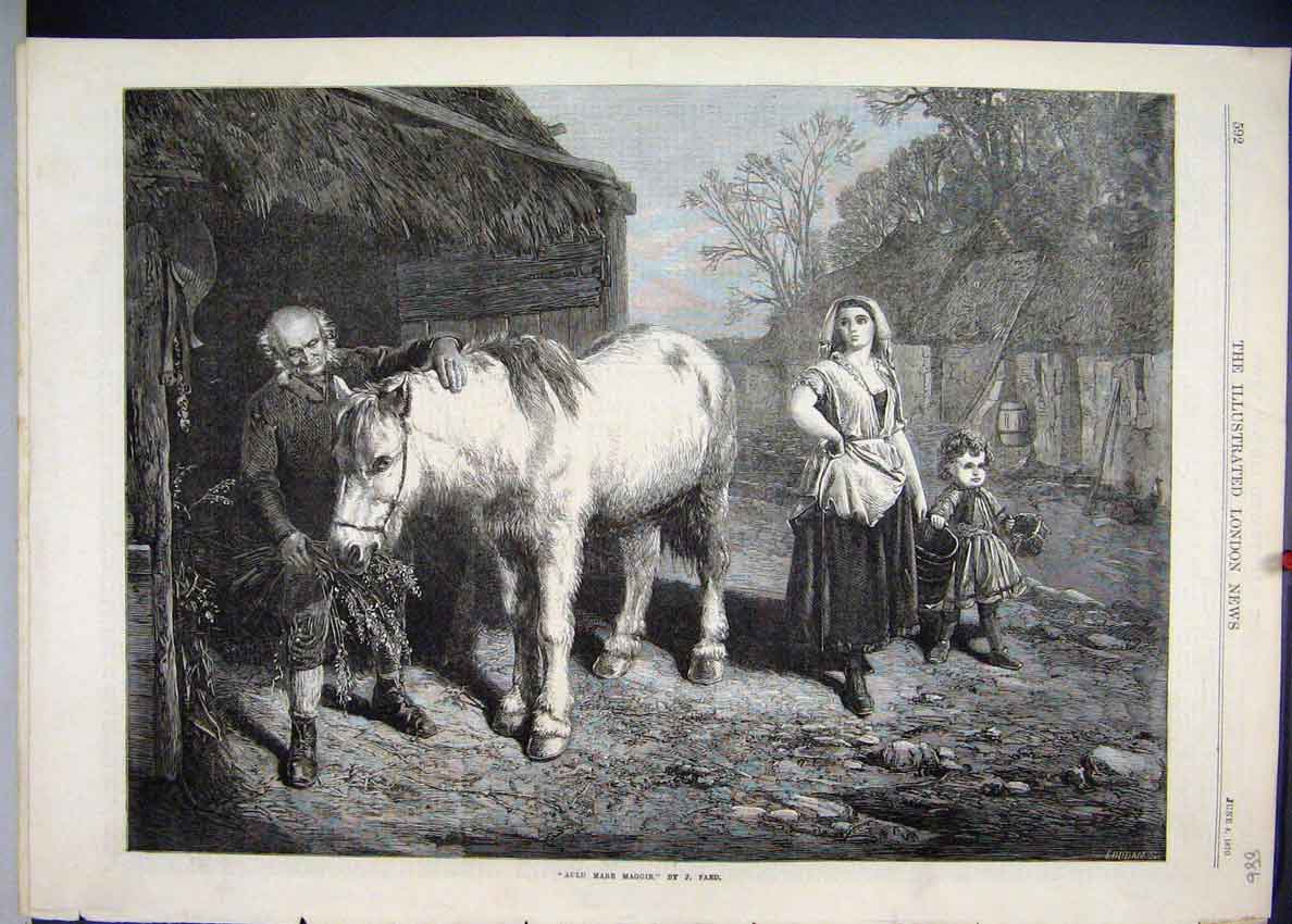 Original Old Antique Print 1870 Auld Mare Maggie Faed Man Horse Woman Child Art