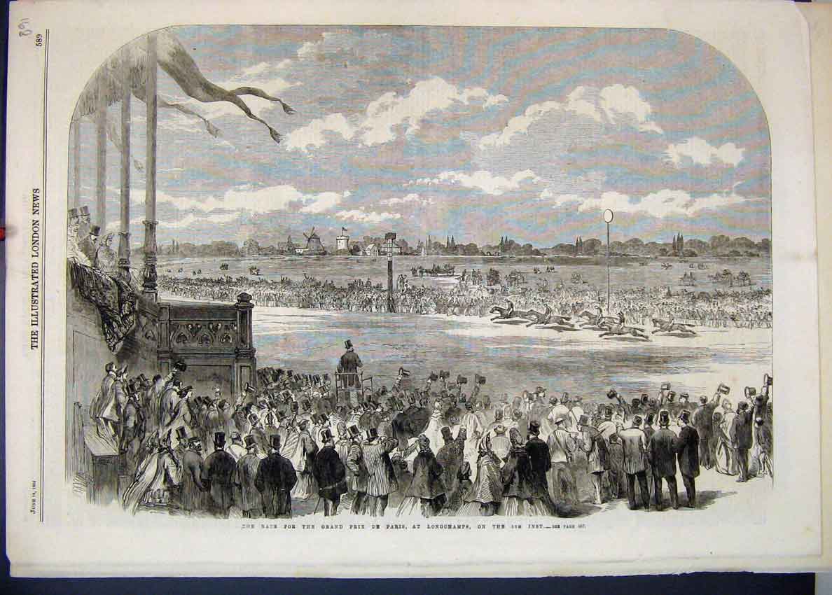 Original Old Antique Print 1864 Race Grand Prix Paris Longchamps Horses 19th