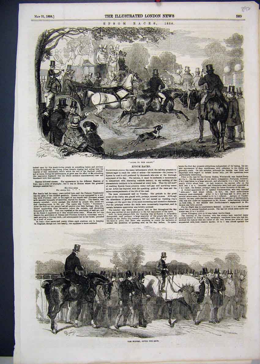 Original Old Antique Print 1856 Epsom Races Winner Horses Dogs Children 19th