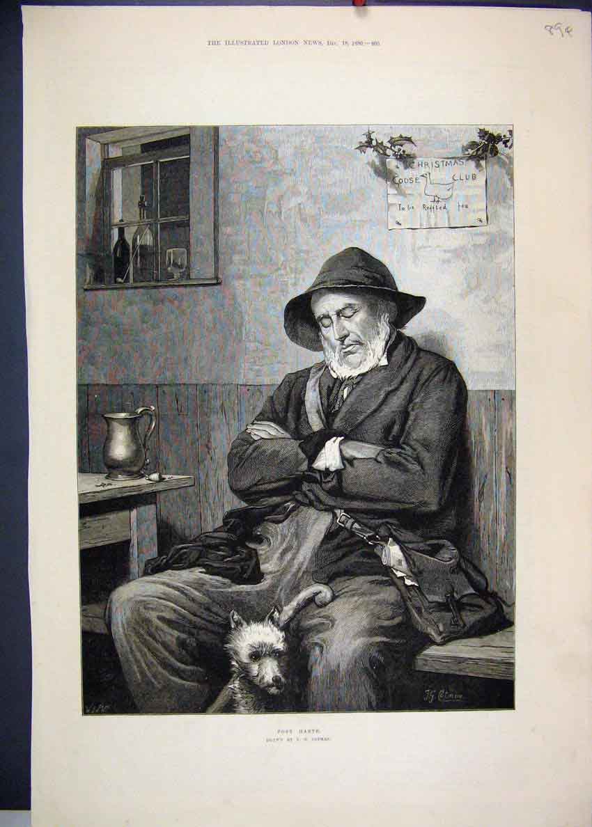 Original Old Antique Print 1880 Postman Sleeping Dog Letters Fine Art Victorian