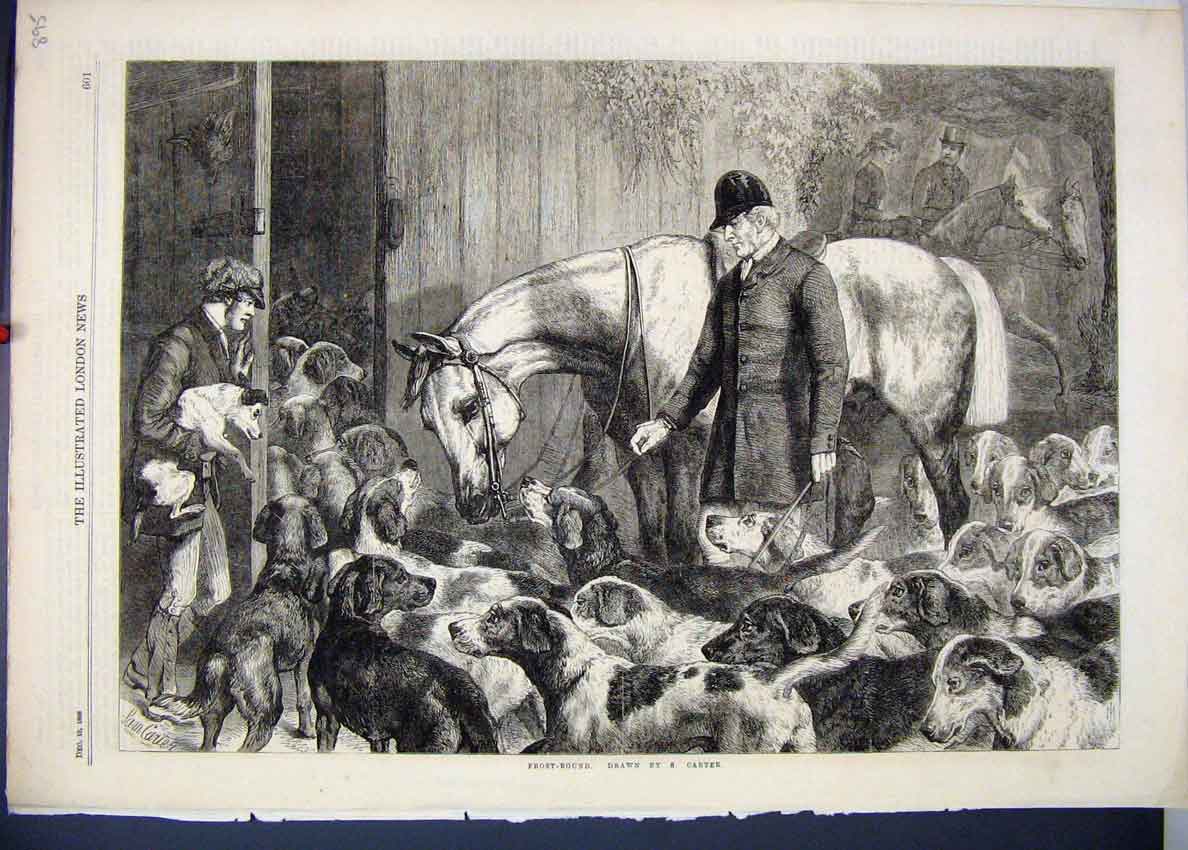 Original Old Antique Print 1868 Horses Hunting Dogs Stable Beautiful Victorian
