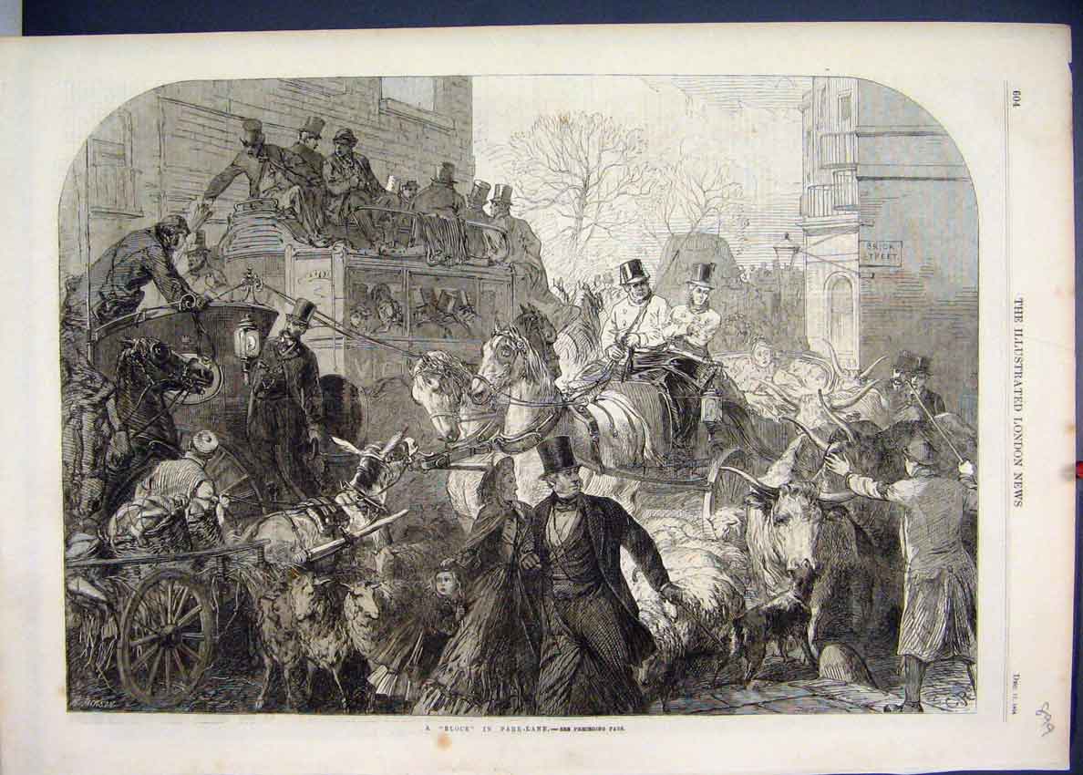 Original Old Antique Print 1864 Road Block Park Lane Sheep Horses Carriage Cows