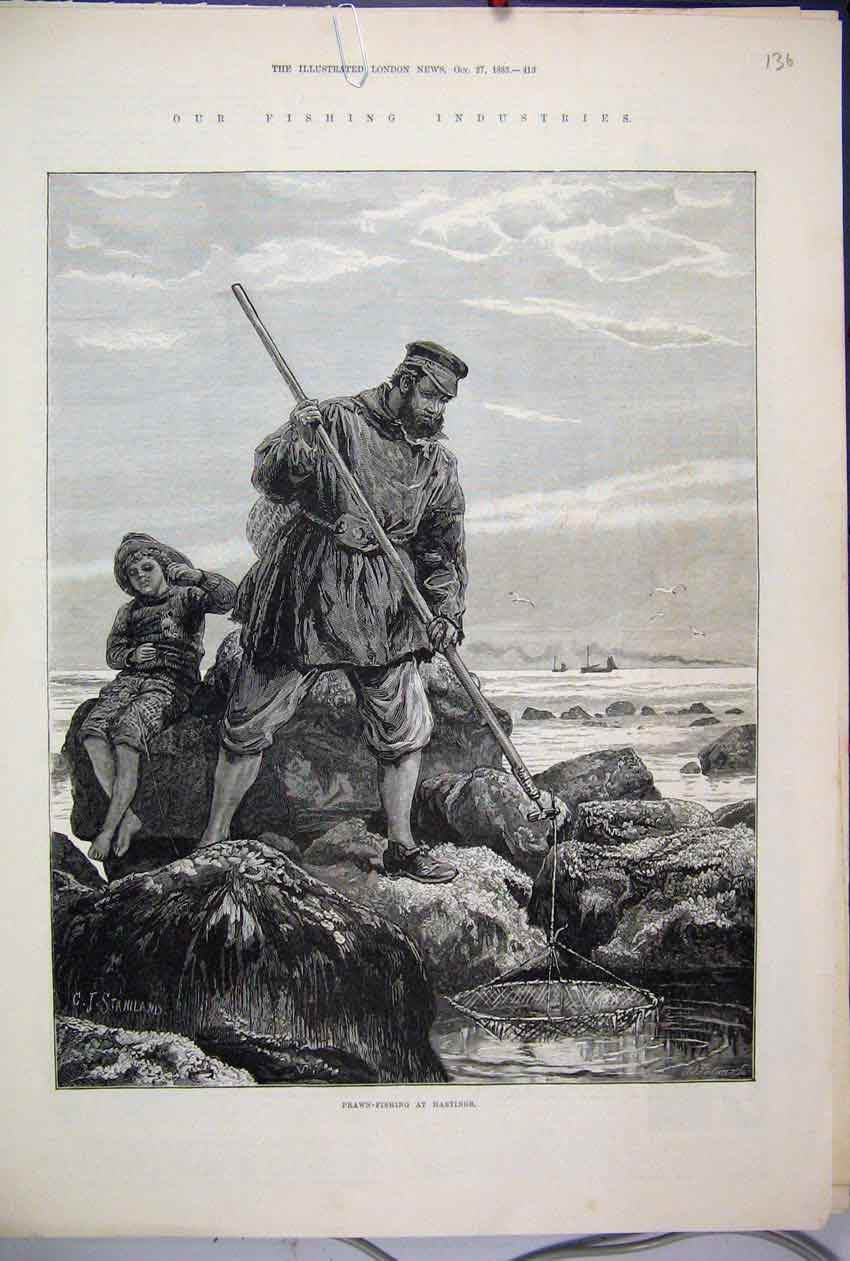 Original Old Antique Print 1883 Fishing Industry Prawn Net Boy Hastings 19th