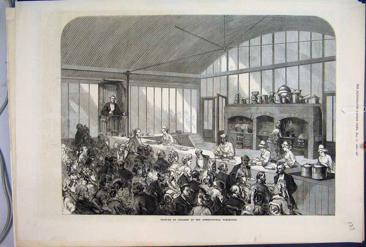 Original Old Antique Print 1873 Lecture Cookery International Exhibition 19th