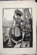 Original Old Antique Print 1882 Fisher Girl Basket Lisbon Sea Ship Victorian