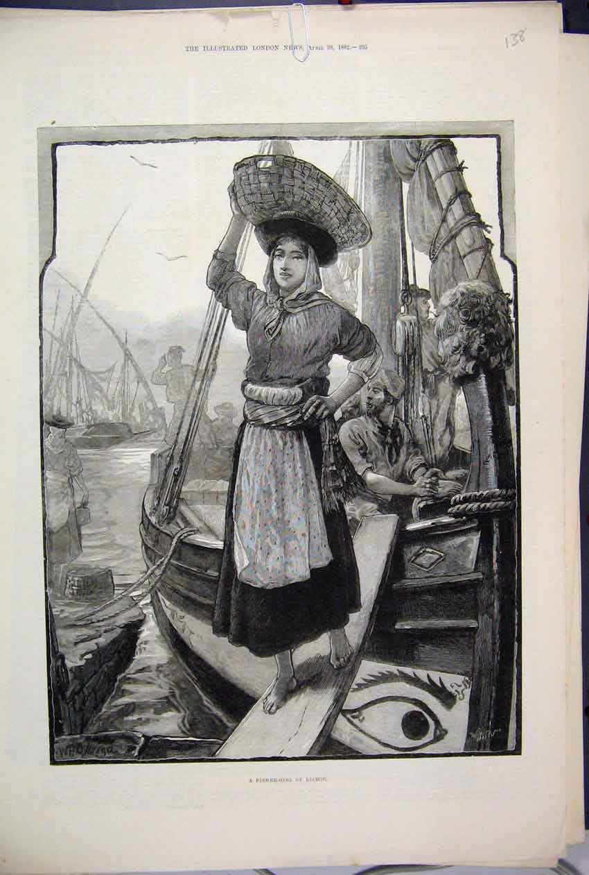 Original Old Antique Print 1882 Fisher Girl Basket Lisbon Sea Ship Victorian