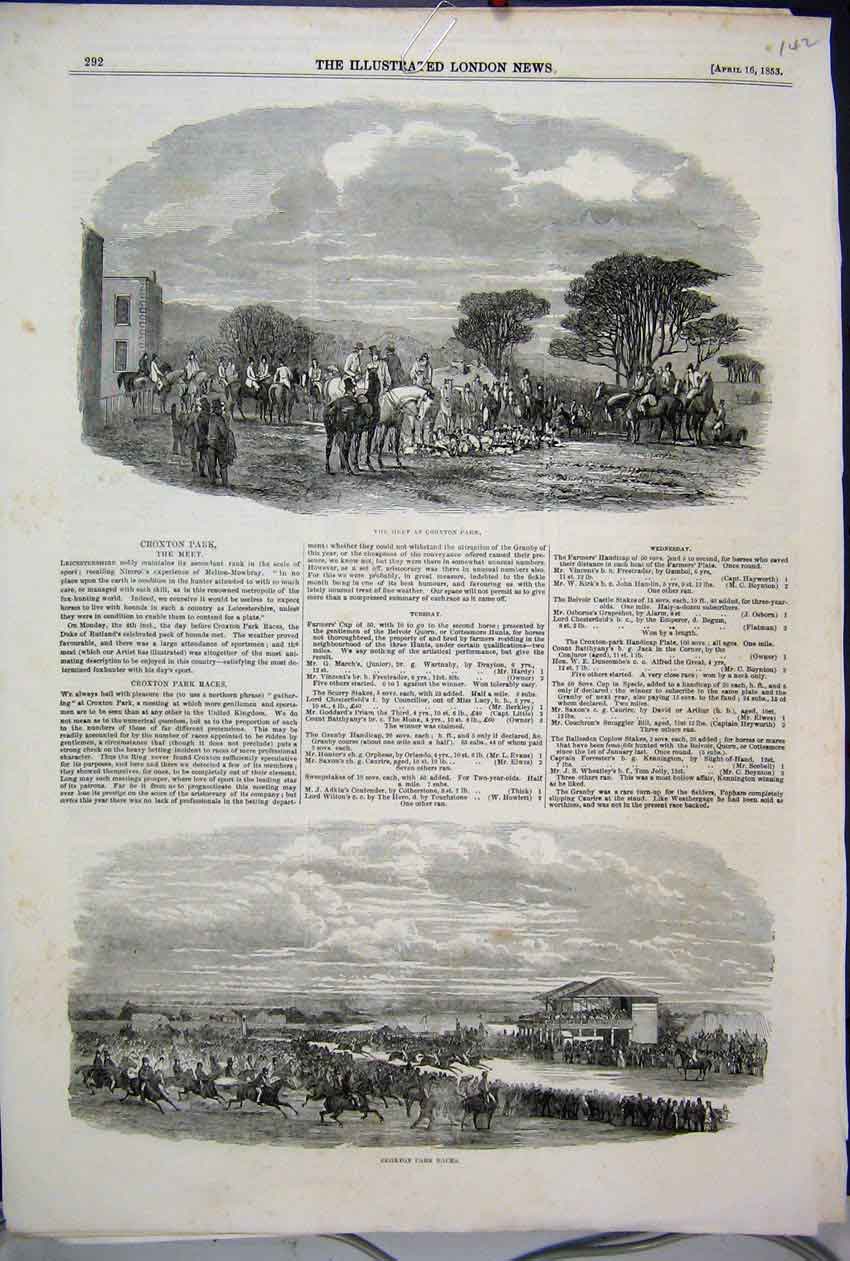 Original Old Antique Print 1853 Hunting Croxton Park Horse Races 19th