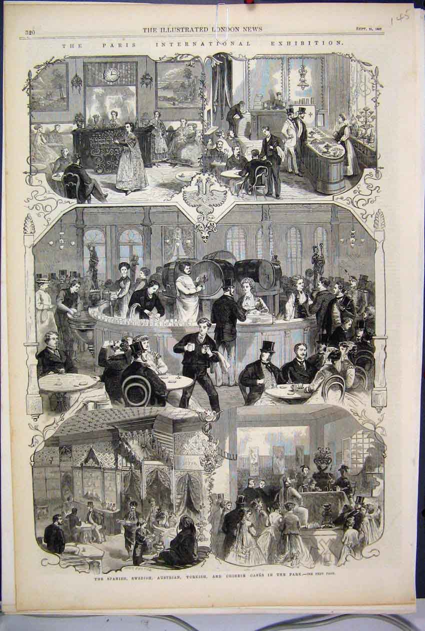Old Antique Print 1867 Paris Spanish Swedish Austrian Turkish Caf∆? Park 19th