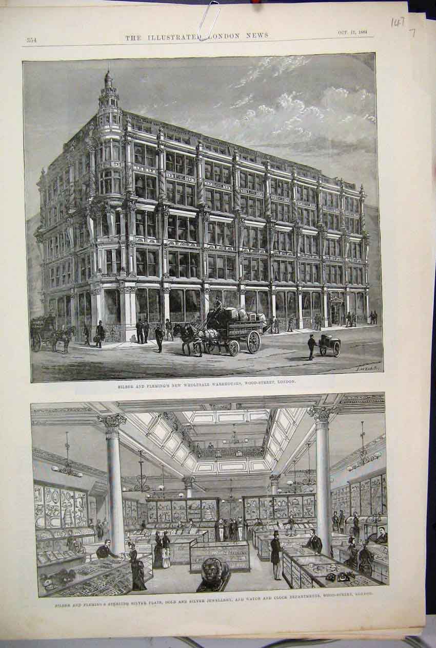 Original Old Antique Print 1884 Silber Fleming Watch Clock Jewellery Wood Street