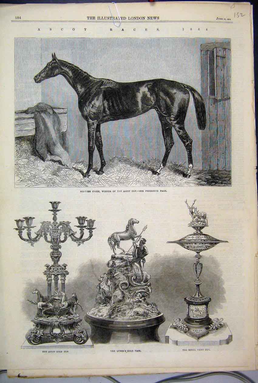 Original Old Antique Print 1864 Ascot Races Scottish Chief Horse GCup Hunt Cup
