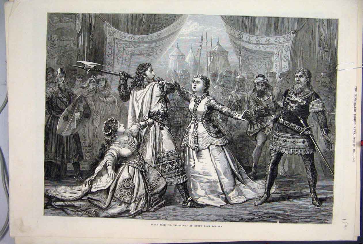 Original Old Antique Print 1874 Scene Talismano Drury Lane Theatre Victorian