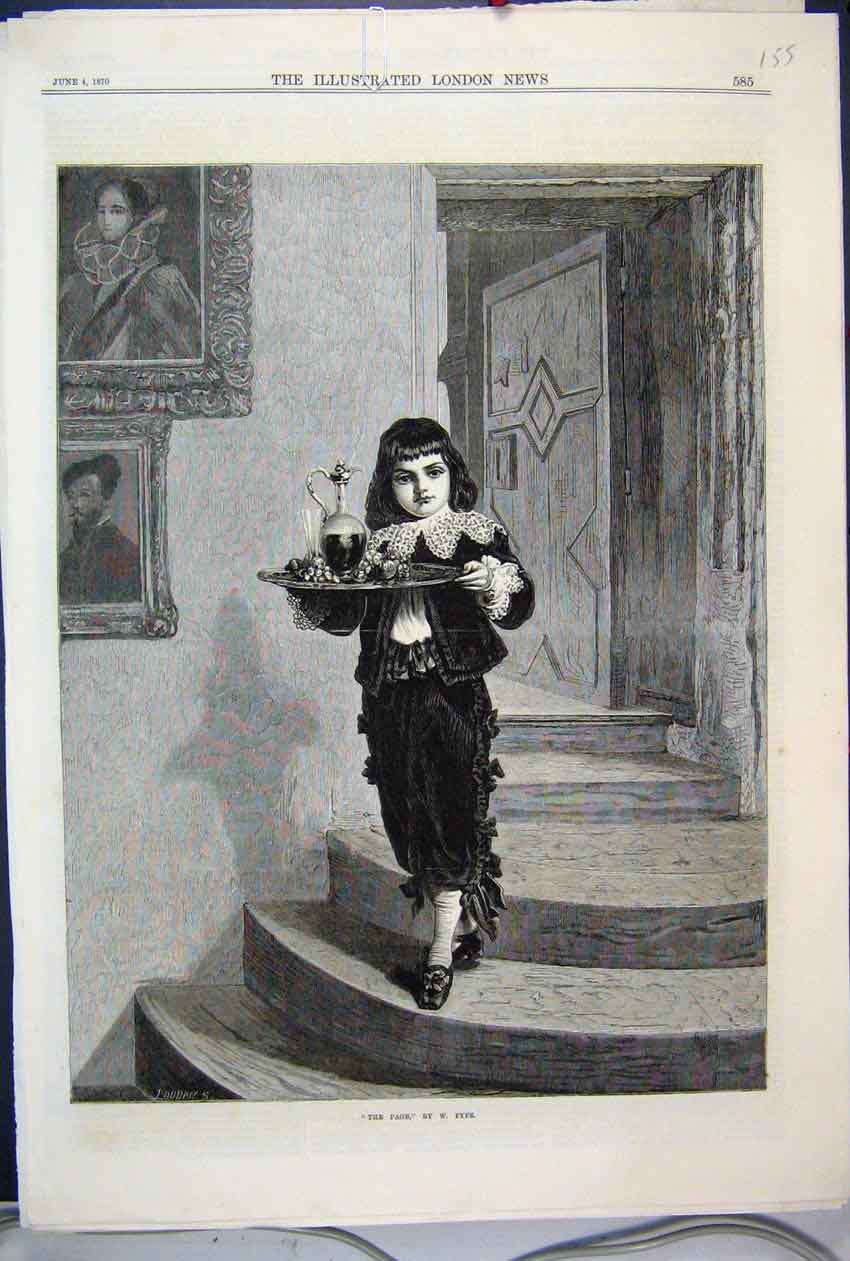 Original Old Antique Print 1870 Little Page Boy Tray Drinks Step Fine Art 19th
