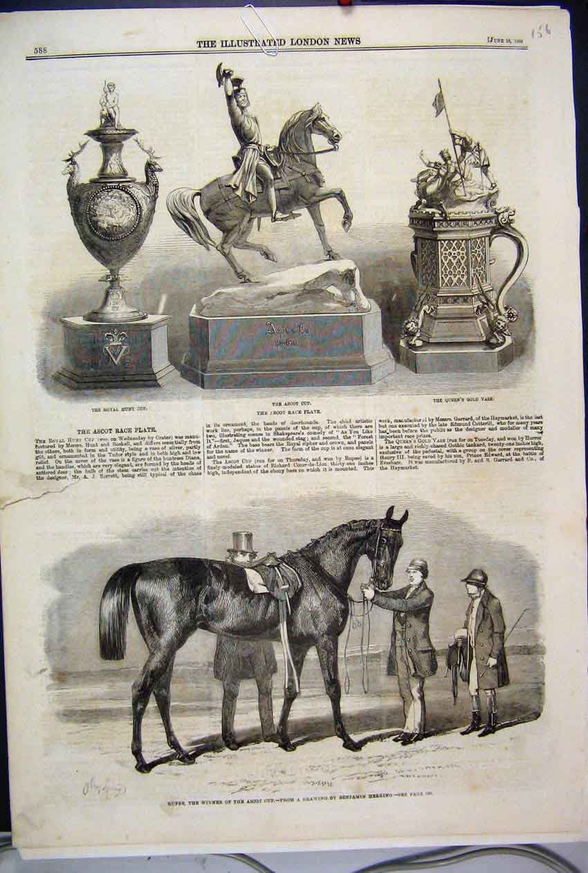 Original Old Antique Print 1860 Ascot Cup Rupee Hunt Queen GVase 19th