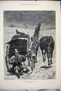 Original Old Antique Print 1882 Drunk Postman Snow Horse Cart Winter Victorian