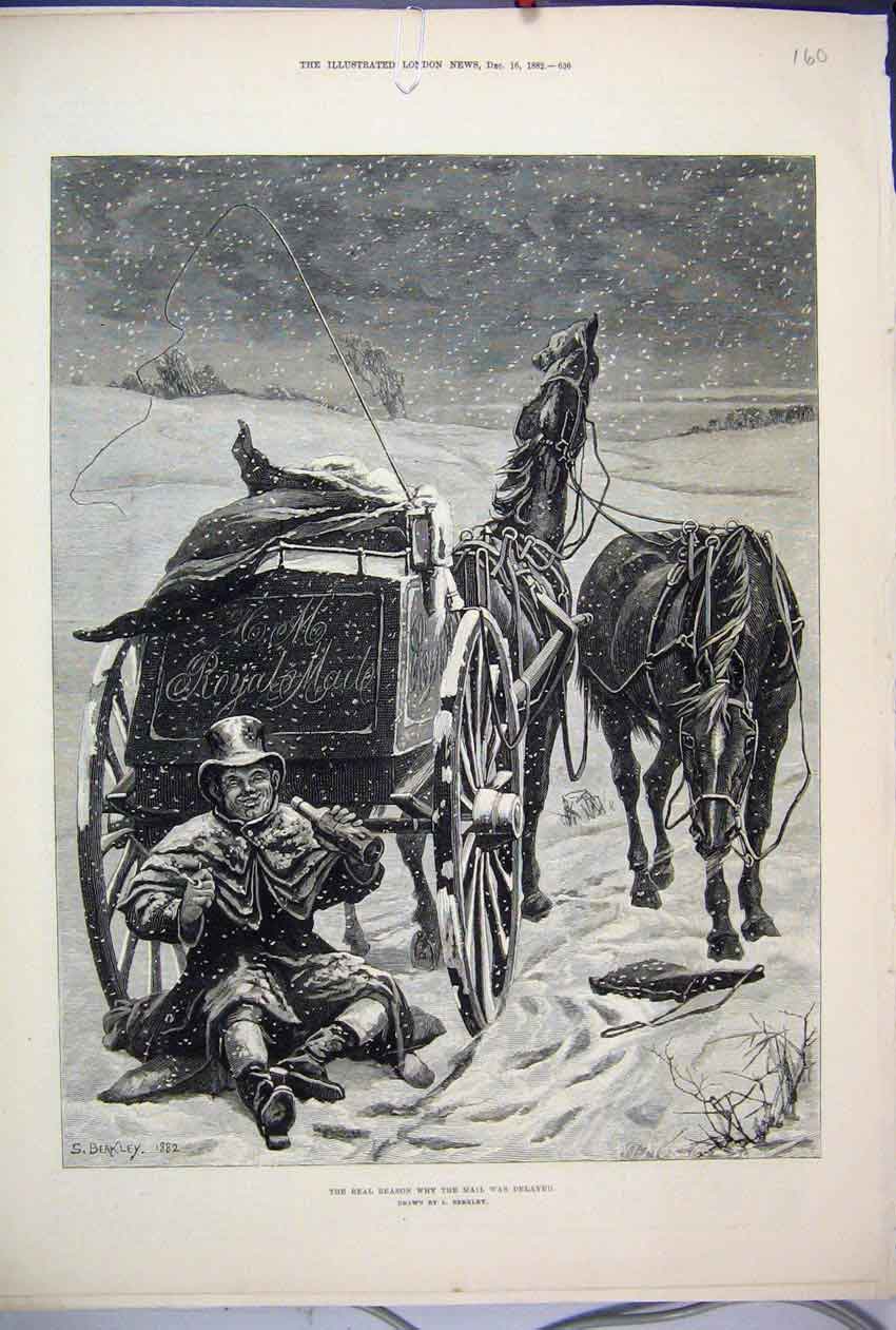 Original Old Antique Print 1882 Drunk Postman Snow Horse Cart Winter Victorian